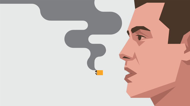 Profile view of a man smoking a lit cigarette with thick grey smoke swirling upwards against a plain light grey background in a minimalist style.