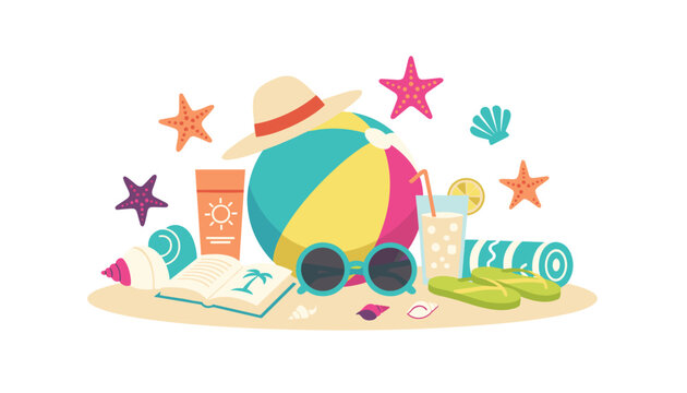 Collection of summer vacation essentials including a beach ball, hat, sunscreen, sunglasses, and books on the sandy shore for relaxation.