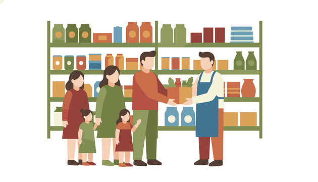 Family with two young children receives a grocery box from a shopkeeper inside a supermarket store aisle filled with stocked shelves.