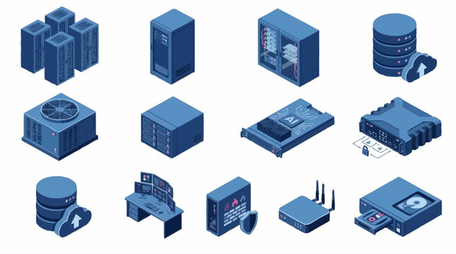 Isometric Blue Server Rack and Network Hardware Icons.