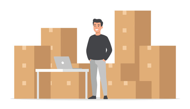 Young entrepreneur in a warehouse environment surrounded by stacked cardboard shipping boxes ready for fulfillment and online order delivery.