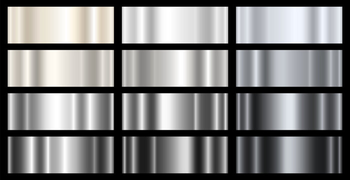 Set of twelve silver and platinum gradients on a black background. Metallic gradient effects for text and infographic design. Collection of metal banners. Vector EPS 10.