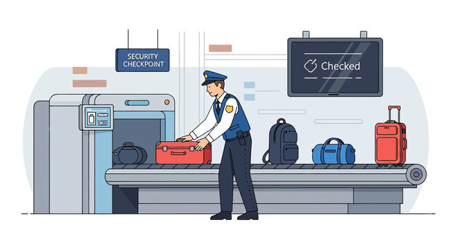 Airport Security Checkpoint with Officer and Luggage Scanner