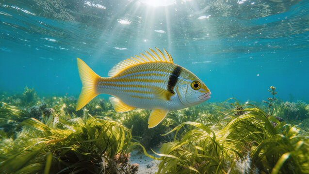 Underwater view of a Pinfish swimming through a seagrass bed in its natural habitat