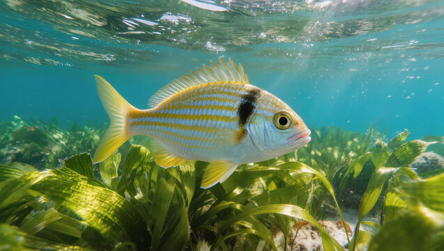 Underwater view of a Pinfish swimming through a seagrass bed in its natural habitat
