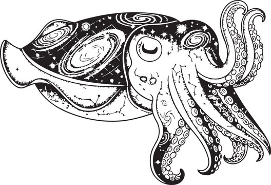 Cuttlefish body adorned with swirling galaxies and constellations in a cosmic celestial pattern