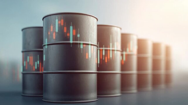 Close-up of black metal oil barrels arranged in rows with translucent financial stock market trading chart overlay and blurred background