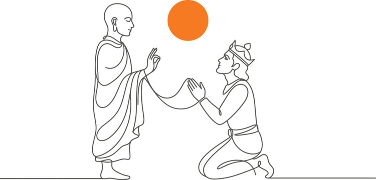 Continuous line art vector of Arahat Mahinda meeting King Devanampiyatissa symbolizing Buddhism in Sri Lanka.