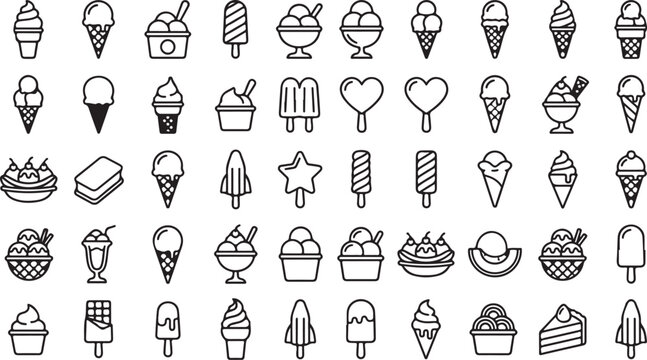 Collection of various ice cream icons and symbols in line art style isolated on white background
