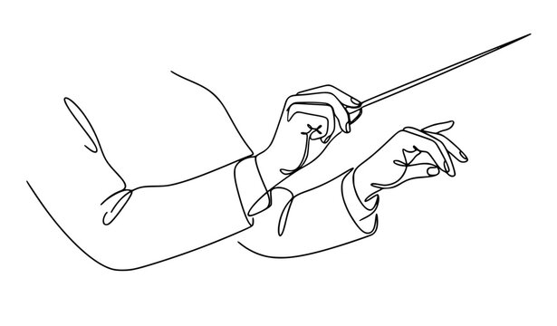 Abstract one line drawing of crossed conductor hands holding baton representing orchestra leadership rhythm musical expression vector illustration on white