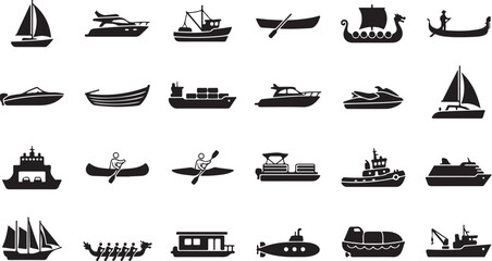 Collection of various boat and ship silhouettes on white background © mjnvect ID: #5515824