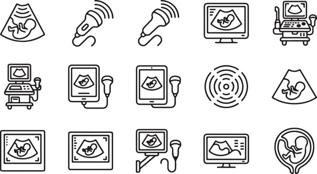 Black and white line icons of various ultrasound medical equipment and scans on a white background