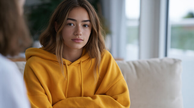Teenager in a hoodie sitting with a school counselor in a small office, arms wrapped around herself, looking at the floor, anxiety counseling, school refusal intervention, back to school September, 