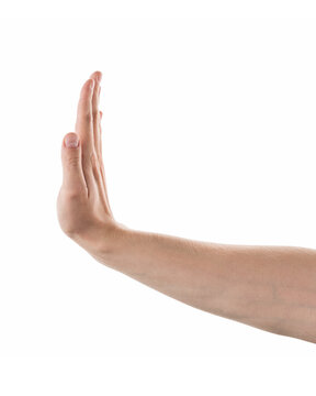 Adult man left hand stop gesture isolated on white