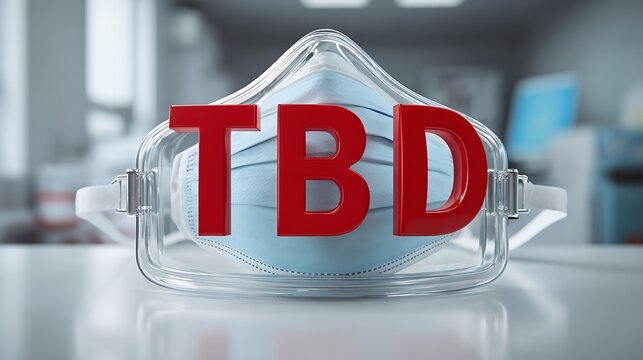 Medical face mask with red TBD text representing uncertainty or pending decisions in healthcare conceptual for medical research or pandemic planning
