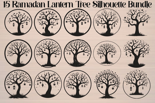 Ramadan Lantern, Tree Silhouette, Vector Icons, 15 Piece Bundle