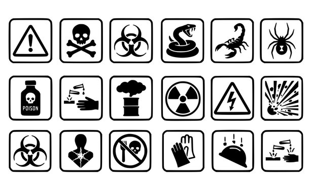 Danger and toxicity silhouette warning icon set