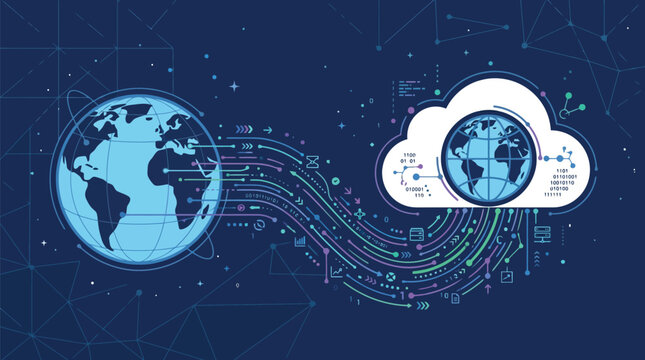 Global data streams and digital information flowing from planet earth to a secure cloud computing storage network.