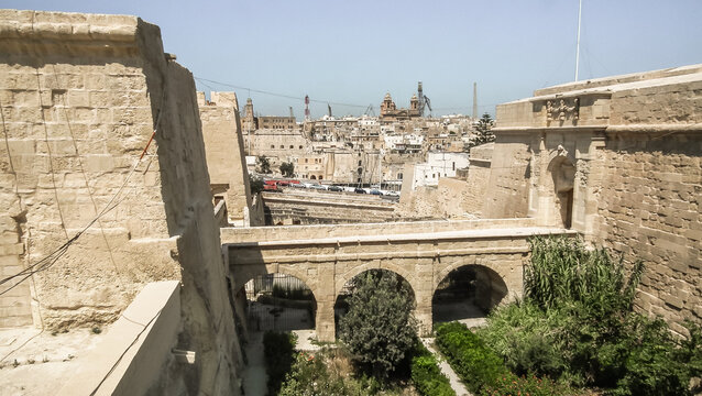 Well  preserved fortress defensive city walls of Vittoriosa Birgu city in Malta.