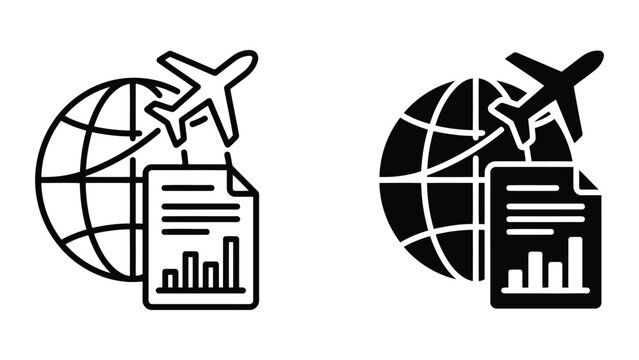 Airplane and business data report chart icon with globe for aviation analytics and international corporate travel planning in professional vector graphic style