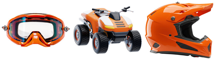 Orange motocross helmet, goggles, and ATV quad bike isolated on white background © A