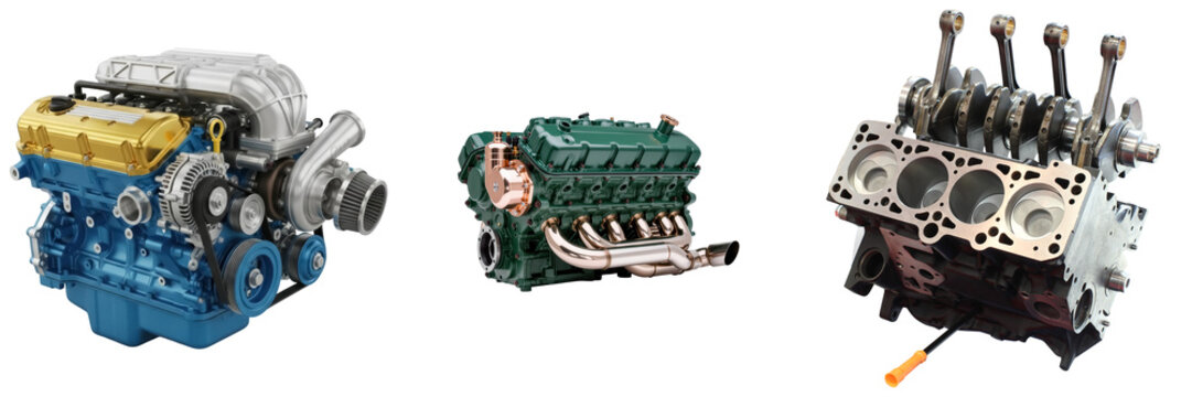 Three different car engines isolated on a white background