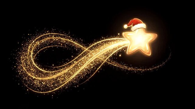 Christmas shooting star with festive Santa hat and magical glitter trail animation for holiday greeting celebration and seasonal motion graphic design
