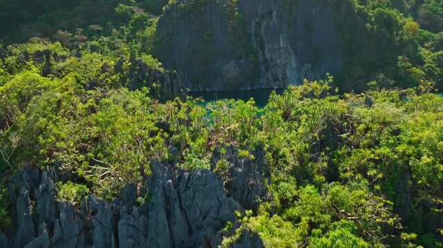 Aerial Forward Reveal Shot Over Limestone Cliffs at Big Lagoon in El Nido, Philippines. Drone View Flying Over Karst Mountain Canopy to Unveil Hidden Turquoise Water.