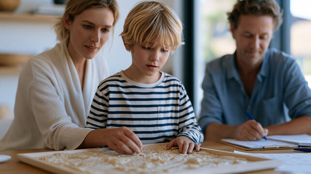 Pediatric occupational therapist guiding a child with sensory processing disorder through a tactile exercise with textured materials, parent observing and taking notes, therapy clinic, special needs