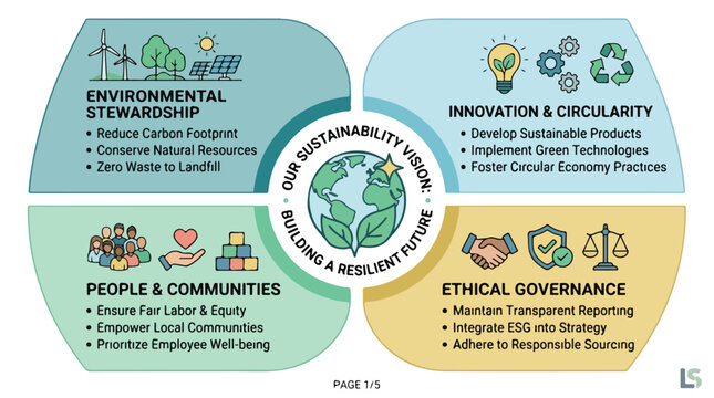 Eco sustainability infographic vector illustration for corporate vision showing environmental stewardship innovation circularity people and ethical governance
