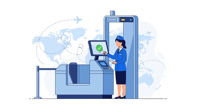 Airport security check with woman agent, metal detector, world map background