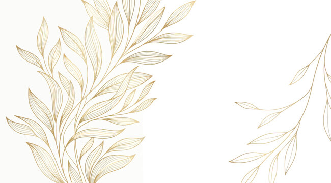 Elegant golden foliage line art on luxury botanical banner with gold leaves