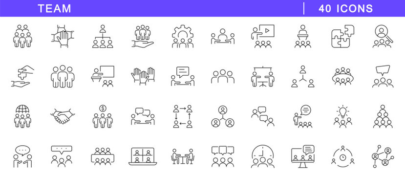 Team icon set. Teamwork icons in line style. Editable web icon cooperation, partnership, collaboration, work group, management, working together etc. Vector illustration.