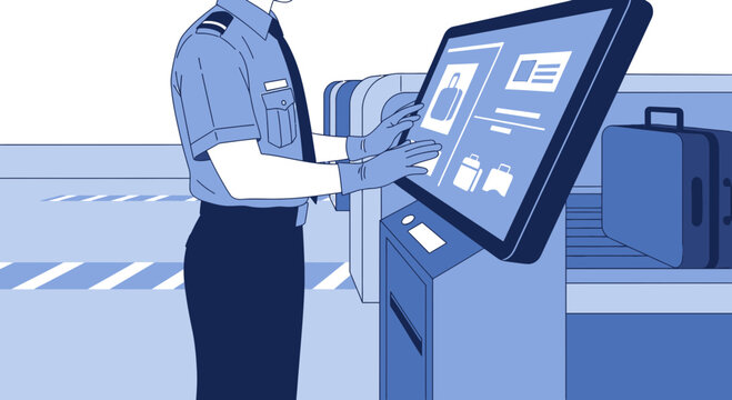 Airport security agent uses touchscreen for baggage screening and passenger data at checkpoint.