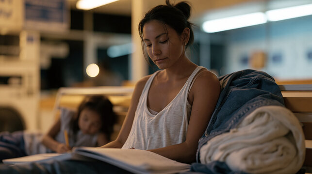 Single mother at a laundromat late at night, one child asleep on a folded jacket on the bench beside her, another doing homework on the floor, fluorescent light humming, working class single parent 