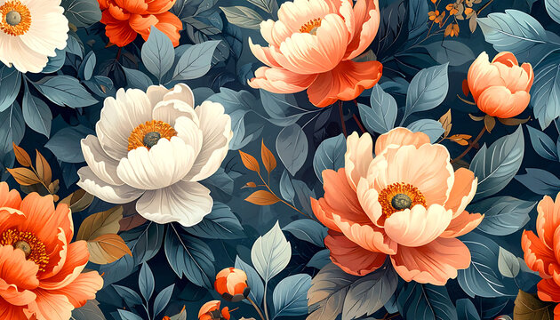 Vibrant floral pattern with large blooming peonies in coral and white, set against dark blue textured foliage, perfect for fabric or wallpaper design.