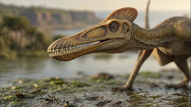 Gallodactylus (Gallodactylus suevicus), Late Jurassic pterosaur, scientifically accurate representation, long jaws with teeth, coastal shore