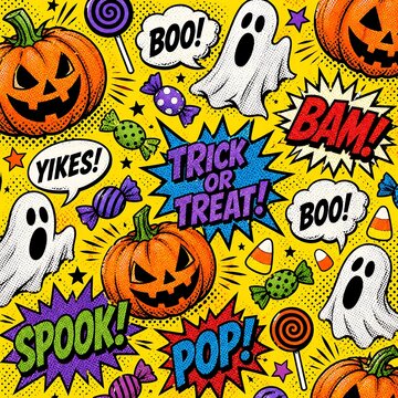 Halloween pop art comic style seamless pattern with jack o lantern pumpkins, spooky ghosts, candy and text bursts on yellow background