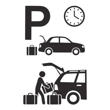 Black and white silhouette vector icon set showing limited parking time with clock symbol and person loading luggage into a car