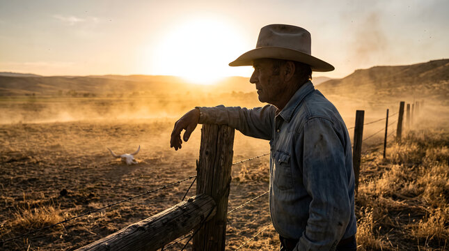 An elderly cowboy wearing a hat and denim shirt leans on a wooden fence post at sunset on a dusty western ranch.