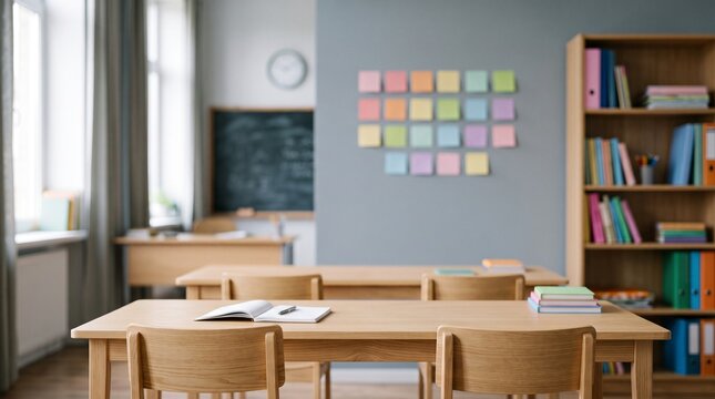 Classroom scene with tables chairs books and colorful sticky notes on wall