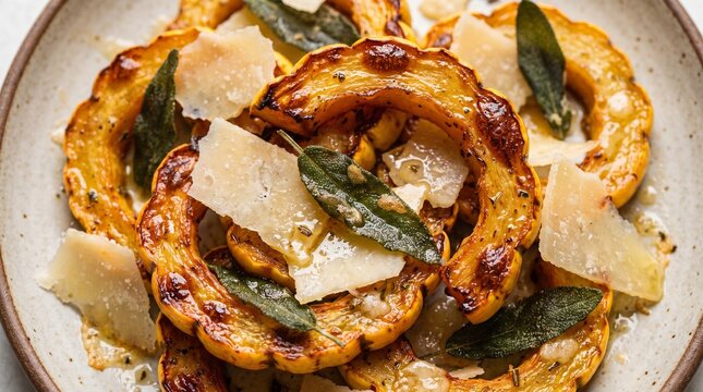 roasted delicata squash rings with crispy sage leaves and parmesan cheese on rustic ceramic plate gourmet autumn vegetarian side dish food photography