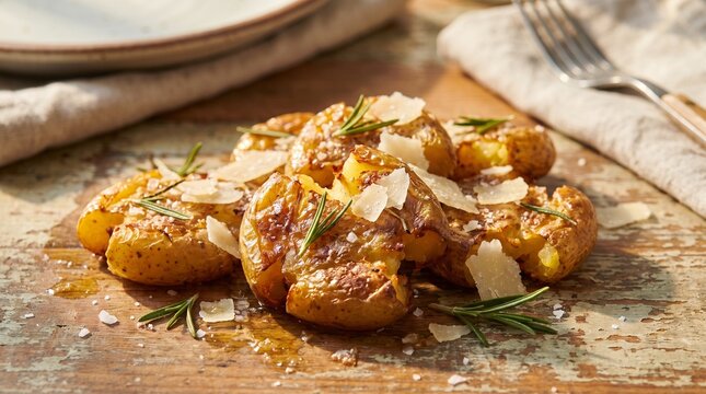 crispy smashed baby potatoes with parmesan cheese rosemary and garlic butter on rustic wooden board gourmet vegetarian side dish comfort food photography