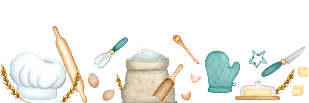 Hand drawn watercolor illustration of kitchen utensils and baking ingredients, seamless border on white background. Suitable for textile design, recipe books, menus, stickers, packaging, food concept