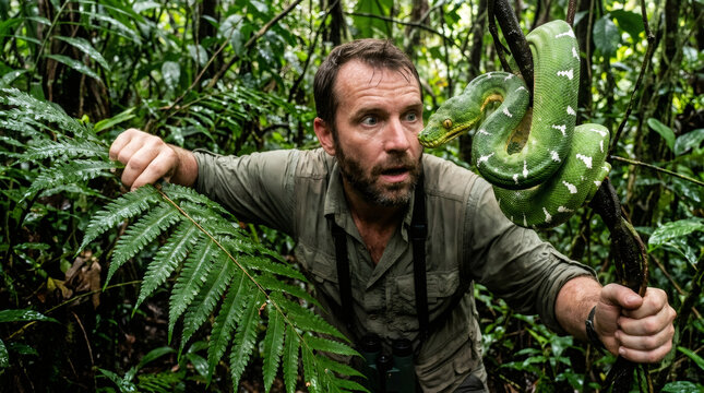 Man explorer observing green tree python in tropical rainforest. Adventure researcher encountering wild reptile in jungle. Wilderness expedition, wildlife biology and nature discovery concept.