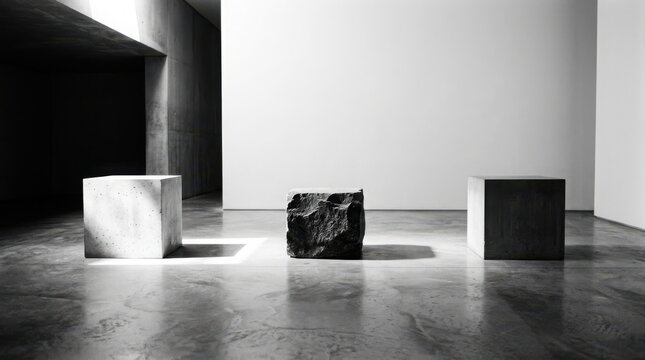 Minimalist interior with three geometric cubes on a polished concrete floor, featuring a smooth concrete cube, a rough natural stone block, and a dark cube