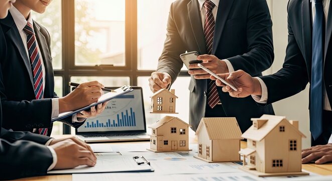 Business Professionals Discussing Real Estate Models on a Conference Table With Documents and Charts