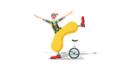 Funny clown balancing on one leg next to a unicycle. © Jaya