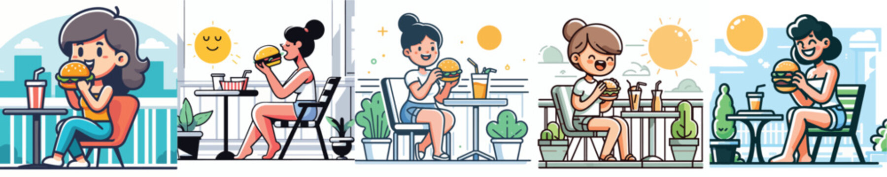 Vector set of a woman eating a burger