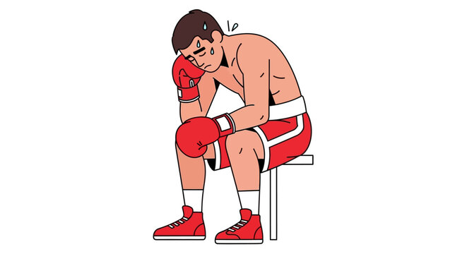A tired and defeated boxer sits on a stool, head down in exhaustion.